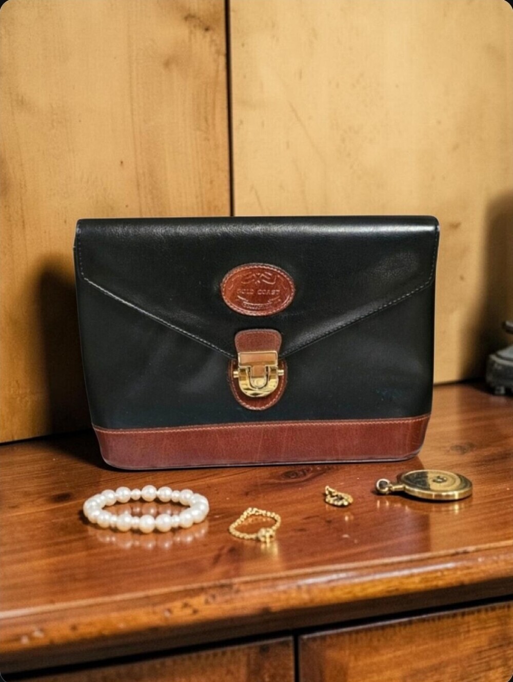 Gold Coast Genuine Leather Push Buckle Closure Clutch Handbag